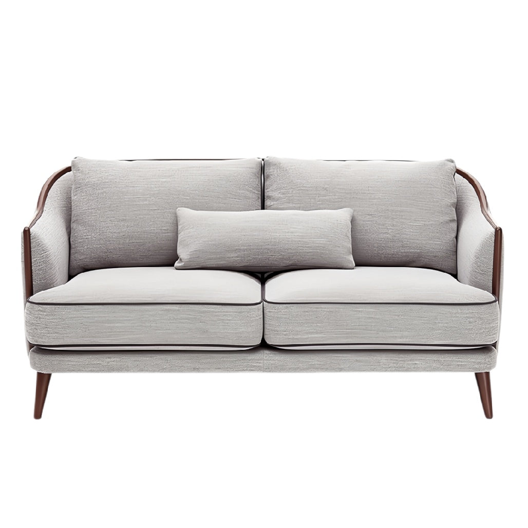 **Technische titel in het Nederlands: Elegante grijze bank met houten accenten**