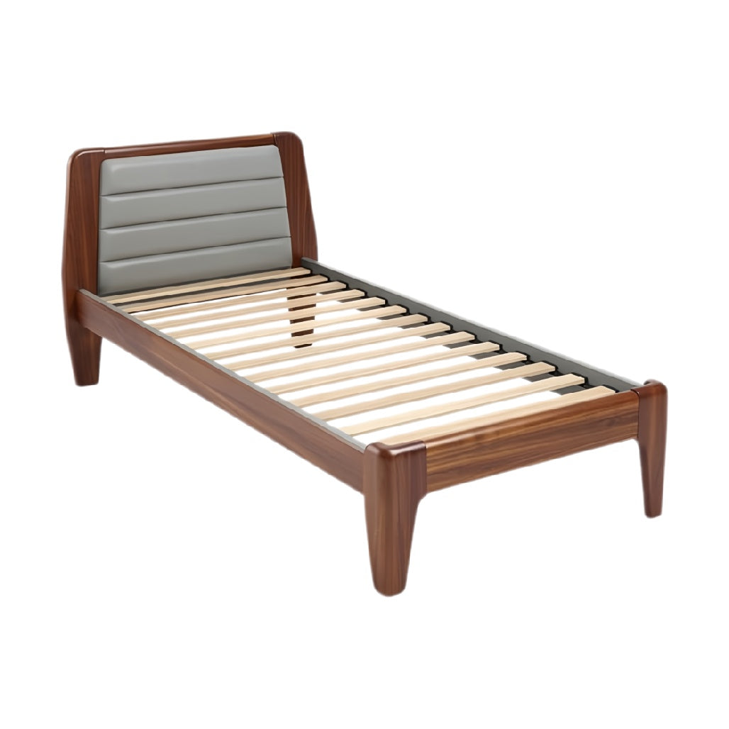 **Moderne bedconstructie met houten frame en lederen rugleuning**